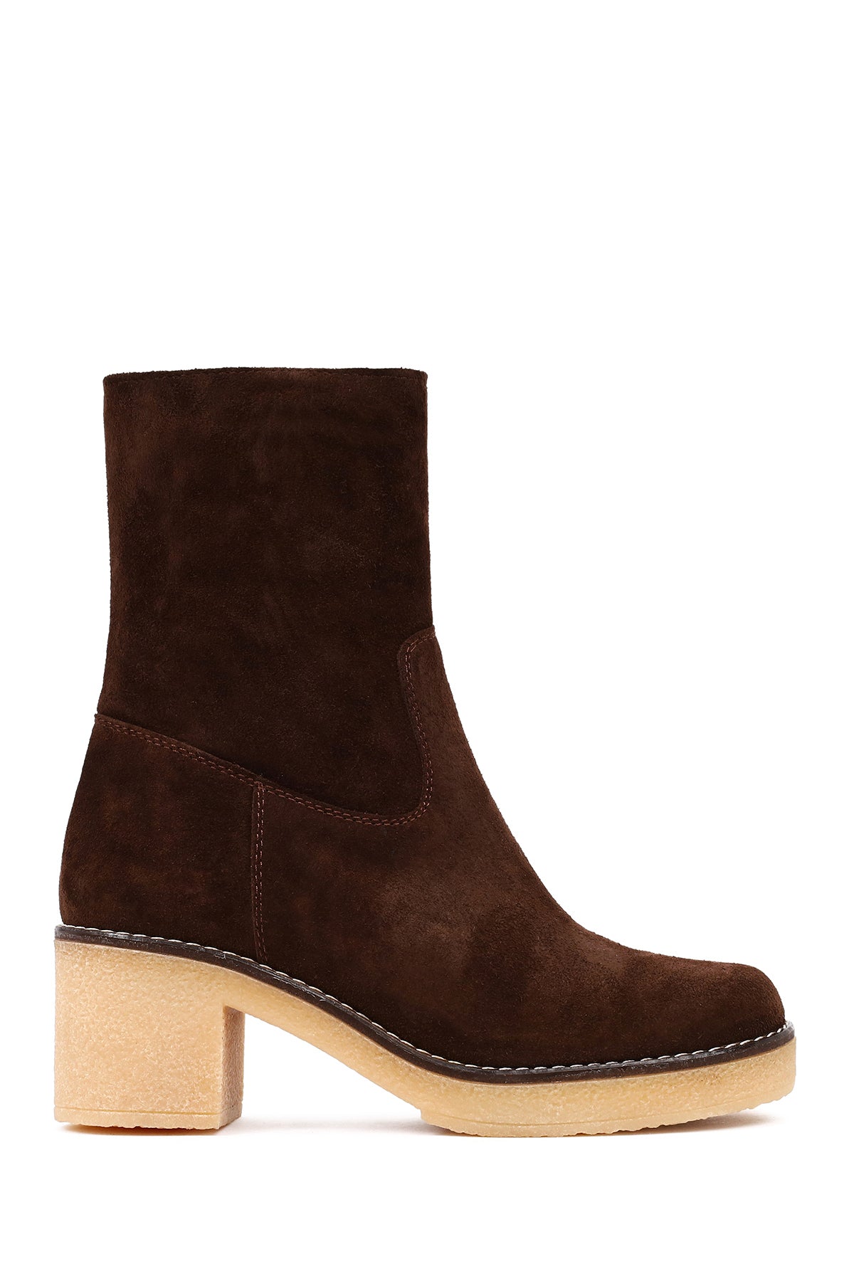 Women's Brown Zippered Thick Heeled Suede Leather Boot 25WFD151310 | Derimod