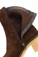 Women's Brown Zippered Thick Heeled Suede Leather Boot | Derimod