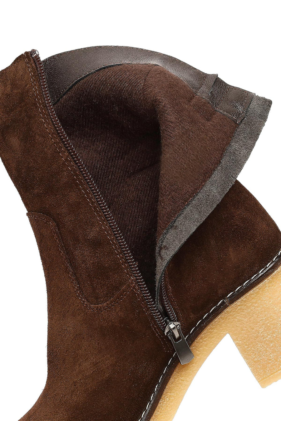 Women's Brown Zippered Thick Heeled Suede Leather Boot