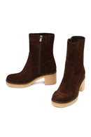 Women's Brown Zippered Thick Heeled Suede Leather Boot | Derimod