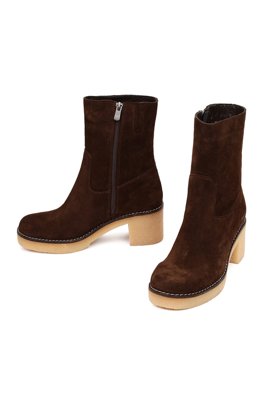 Women's Brown Zippered Thick Heeled Suede Leather Boot
