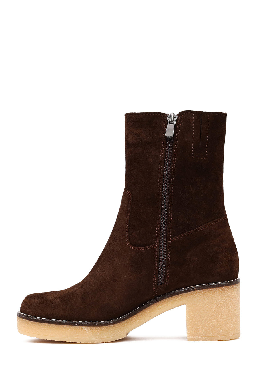 Women's Brown Zippered Thick Heeled Suede Leather Boot