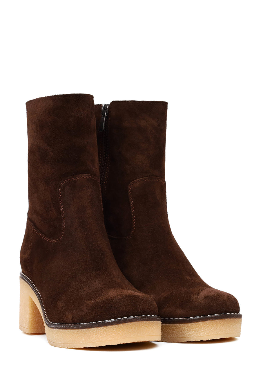 Women's Brown Zippered Thick Heeled Suede Leather Boot