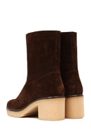 Women's Brown Zippered Thick Heeled Suede Leather Boot | Derimod