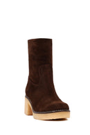Women's Brown Zippered Thick Heeled Suede Leather Boot | Derimod