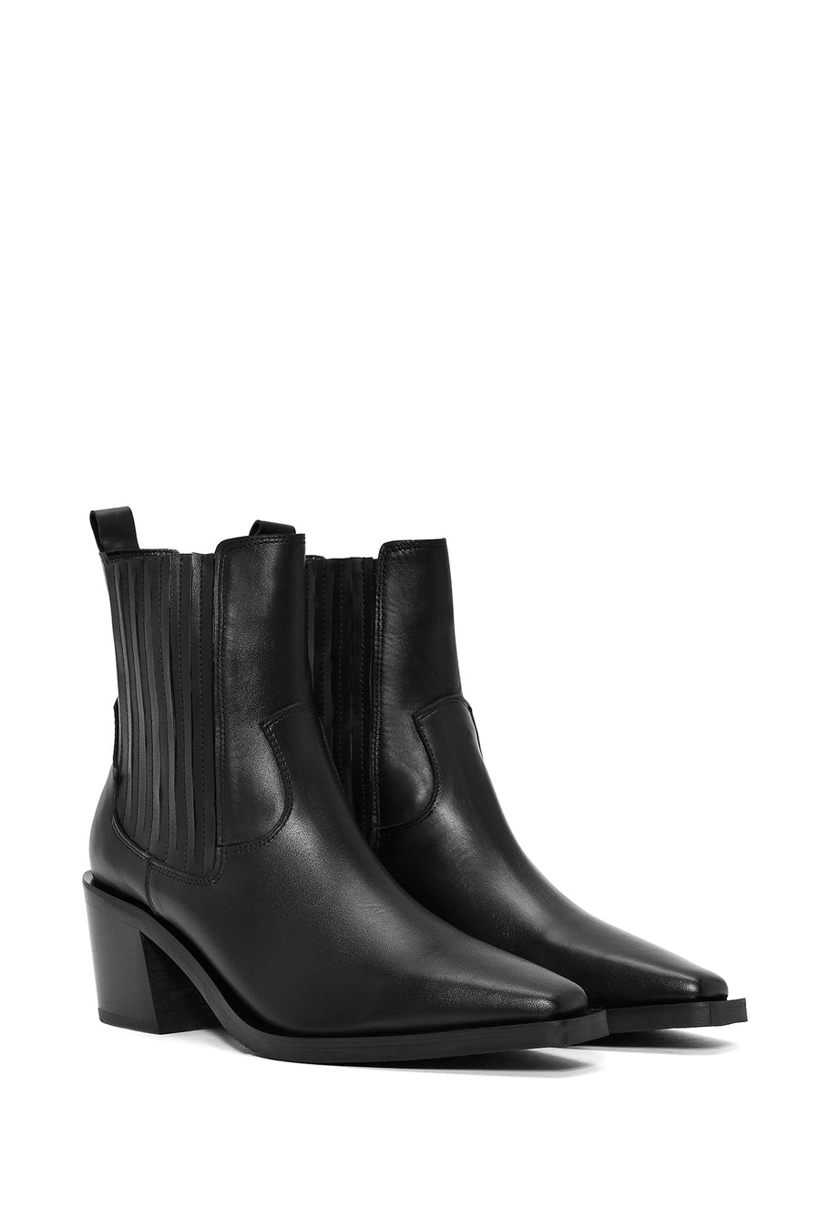 Woman Black Chunky Heels Leather Cowboy Boots