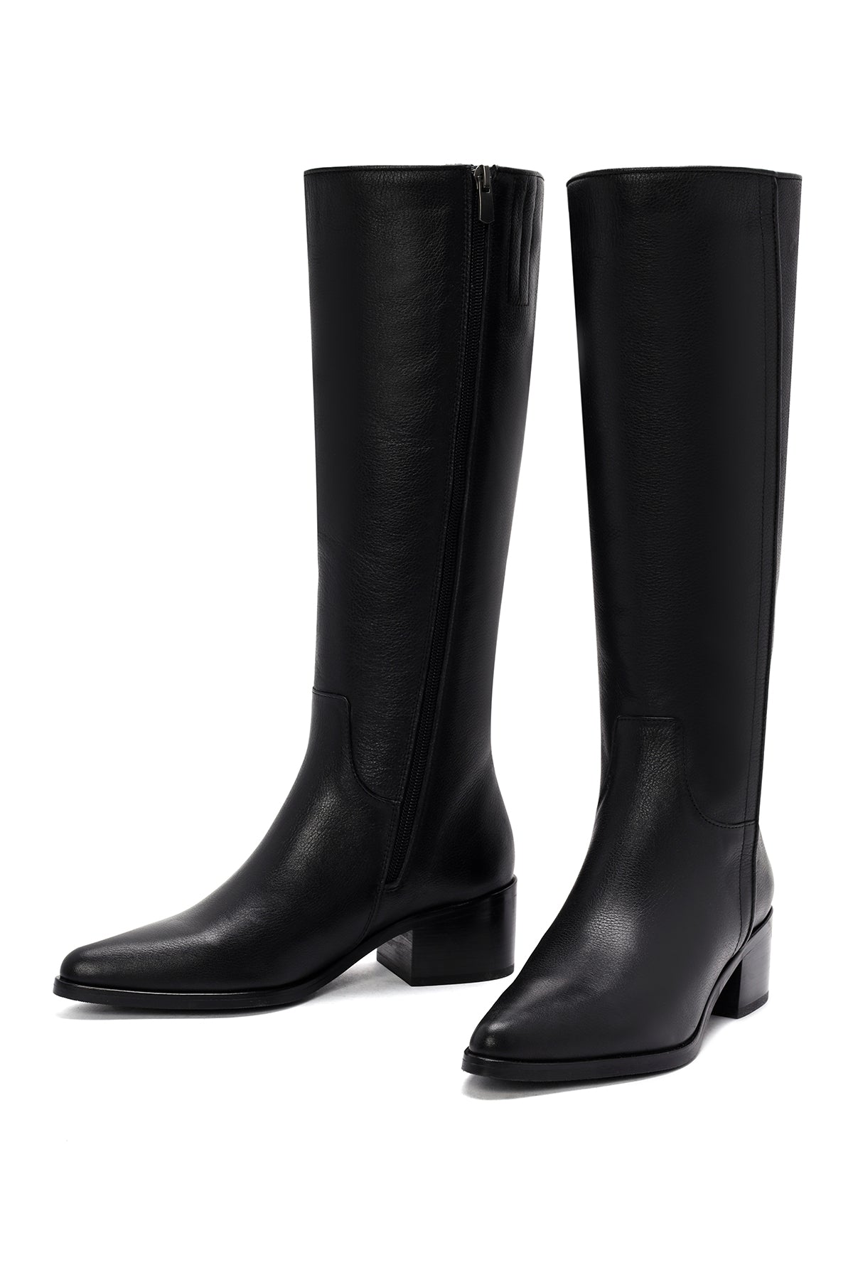 Kadın Siyah Fermuarlı Kalın Topuklu Deri Çizme
