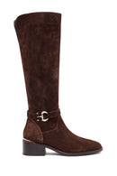 Woman Brown Zippered Low Heel Suede Leather Boot | Derimod