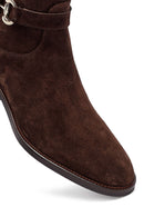 Woman Brown Zippered Low Heel Suede Leather Boot | Derimod