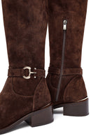 Woman Brown Zippered Low Heel Suede Leather Boot | Derimod