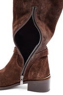 Woman Brown Zippered Low Heel Suede Leather Boot | Derimod