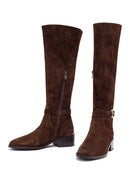 Woman Brown Zippered Low Heel Suede Leather Boot | Derimod