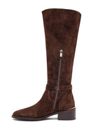 Woman Brown Zippered Low Heel Suede Leather Boot | Derimod