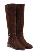 Woman Brown Zippered Low Heel Suede Leather Boot | Derimod