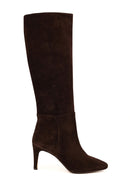 Women's Brown Thin Heeled Suede Leather Boot | Derimod