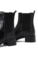 Kadın Siyah Kroko Desenli Kısa Kalın Topuklu Deri Chelsea Bot | Derimod