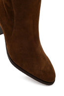 Women's Tan Zippered Thick Heeled Suede Leather Boot | Derimod