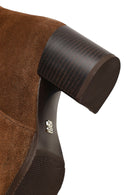 Women's Tan Zippered Thick Heeled Suede Leather Boot | Derimod