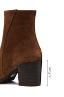 Women's Tan Zippered Thick Heeled Suede Leather Boot | Derimod