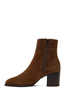 Women's Tan Zippered Thick Heeled Suede Leather Boot | Derimod