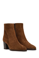 Women's Tan Zippered Thick Heeled Suede Leather Boot | Derimod