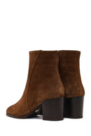 Women's Tan Zippered Thick Heeled Suede Leather Boot | Derimod