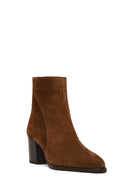 Women's Tan Zippered Thick Heeled Suede Leather Boot | Derimod