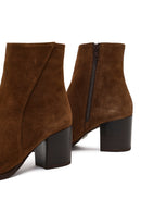 Women's Tan Zippered Thick Heeled Suede Leather Boot | Derimod