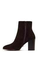Women's Brown Zippered Thick Heeled Suede Leather Boot | Derimod