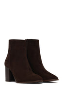 Women's Brown Zippered Thick Heeled Suede Leather Boot | Derimod
