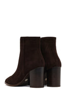 Women's Brown Zippered Thick Heeled Suede Leather Boot | Derimod