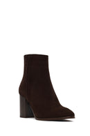 Women's Brown Zippered Thick Heeled Suede Leather Boot | Derimod