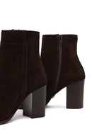 Women's Brown Zippered Thick Heeled Suede Leather Boot | Derimod
