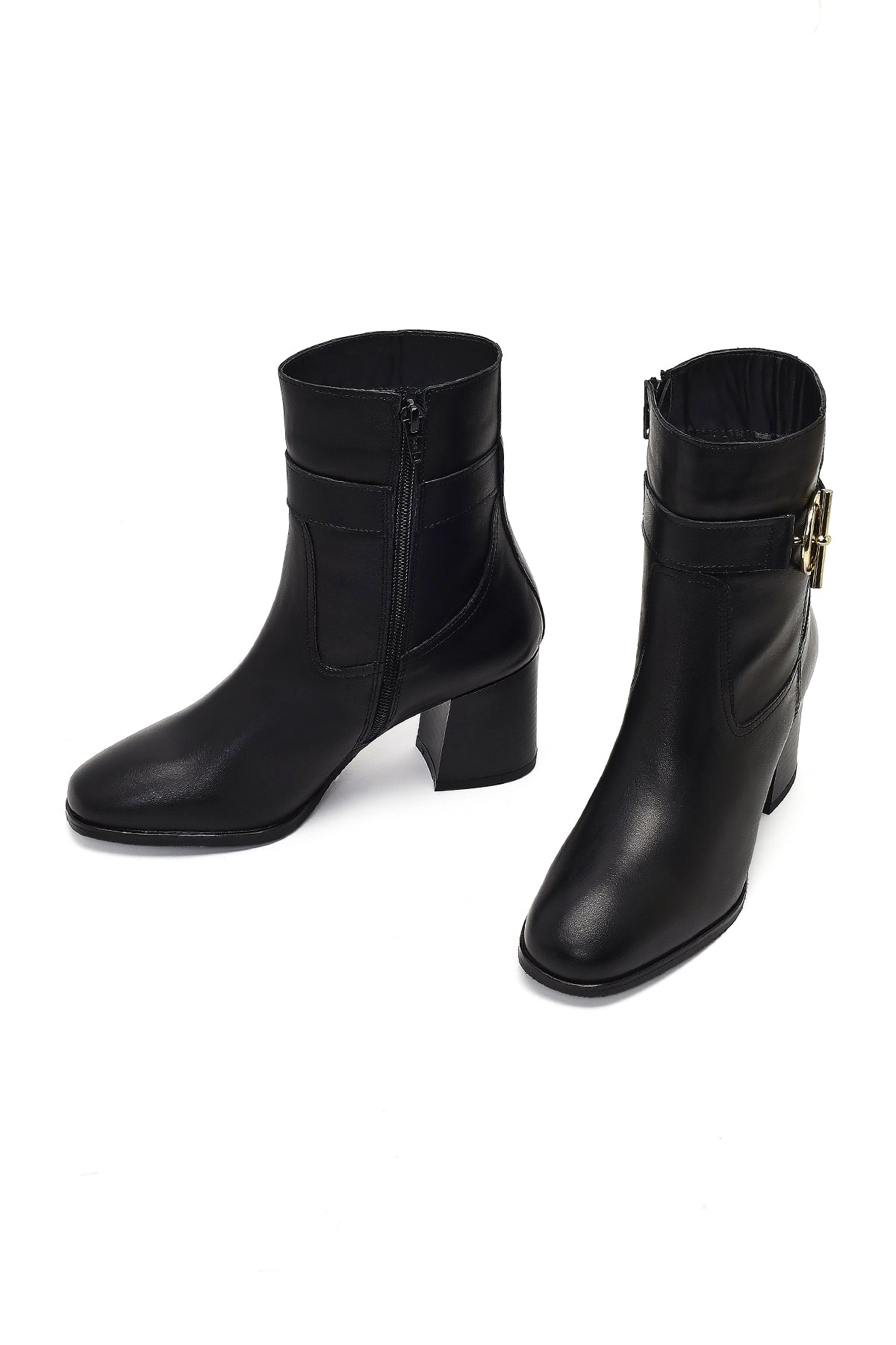 Kadın Siyah Fermuarlı Kalın Topuklu Deri Bot