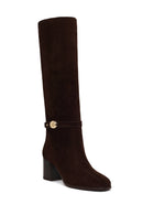 Women's Brown Buckled Suede Leather Boot | Derimod