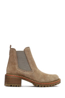 Women's Beige Short Thick Heel Suede Leather Chelsea Boot | Derimod