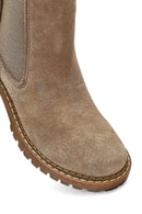 Women's Beige Short Thick Heel Suede Leather Chelsea Boot | Derimod