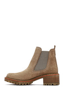 Women's Beige Short Thick Heel Suede Leather Chelsea Boot | Derimod