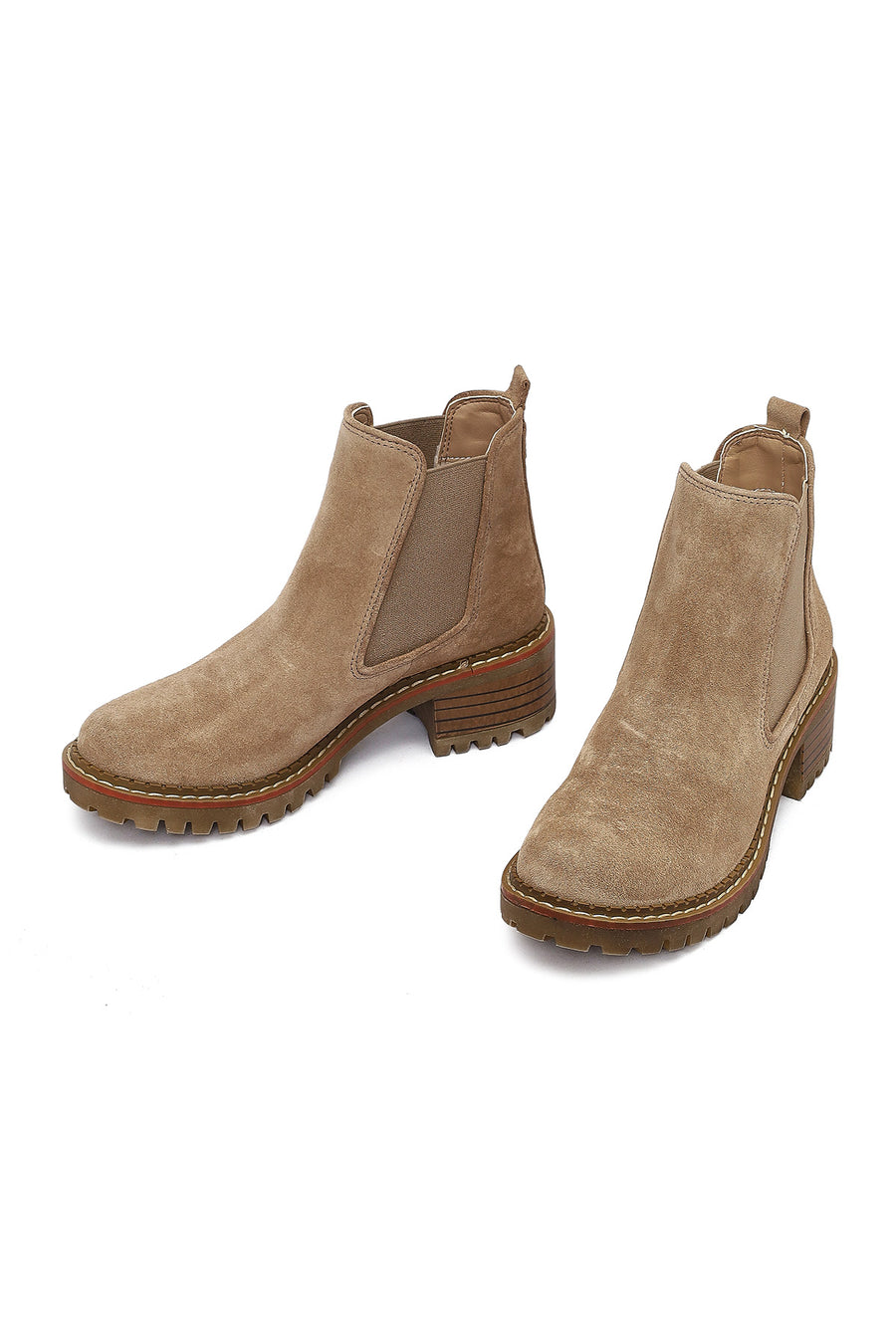 Women's Beige Short Thick Heel Suede Leather Chelsea Boot