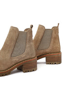 Women's Beige Short Thick Heel Suede Leather Chelsea Boot | Derimod