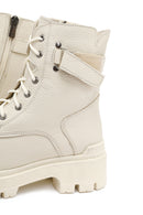 Woman Beige Lace-Up Zippered Thick Sole Leather Postal Boots | Derimod