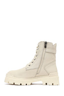 Woman Beige Lace-Up Zippered Thick Sole Leather Postal Boots | Derimod