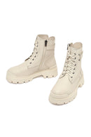 Woman Beige Lace-Up Zippered Thick Sole Leather Postal Boots | Derimod