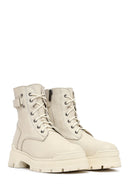 Woman Beige Lace-Up Zippered Thick Sole Leather Postal Boots | Derimod