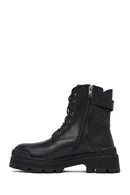 Woman Black Lace-Up Zippered Thick Sole Leather Postal Boots | Derimod