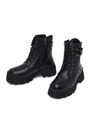 Woman Black Lace-Up Zippered Thick Sole Leather Postal Boots | Derimod