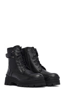 Woman Black Lace-Up Zippered Thick Sole Leather Postal Boots | Derimod