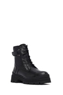 Woman Black Lace-Up Zippered Thick Sole Leather Postal Boots | Derimod