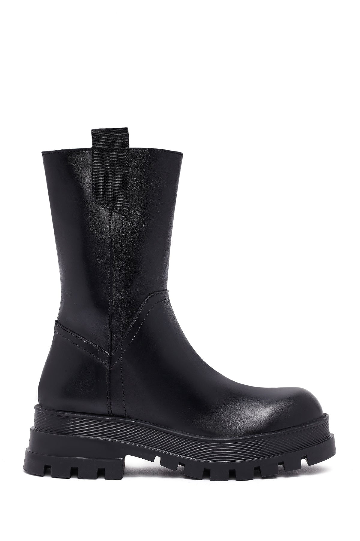 Kadın Siyah Fermuarlı Kalın Tabanlı Deri Bot