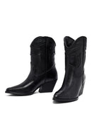 Woman Black Low Heels Leather Cowboy Boots | Derimod